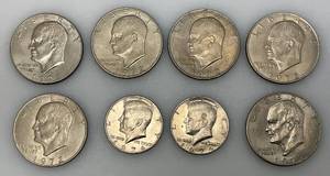 lot 114 image: Misc. Eisenhower One Dollar Coins And Kennedy Half Dollars