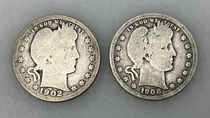 lot 118 image: 1902 & 1908 Barber Silver Quarters