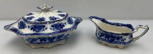 lot 131 image: Vintage THOMAS RATHBONE Flow Blue Tureen And Gravel Boat  Japan