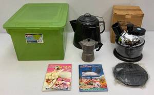 lot 220 image: Misc. Kitchen Items Some Vintage Including Rocket Chef Ice Cream Maker )()New Old Stock) Enameled & Pewter Coffee Pots