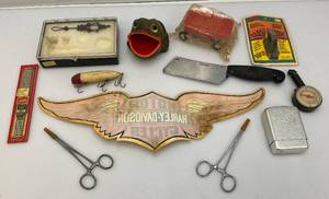 lot 239 image: Misc. Vintage Items Including Aluminum Cigarette Case Holder, Wooden Lure And More