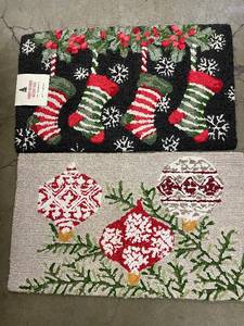 lot 9 image: 2 Hand Hooked Christmas Accent Rugs, Stockings & Ornaments