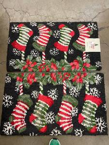 lot 11 image: Set of 2 Christmas Hand Hooked Accent Rugs, Stocking Design, 22x38 in