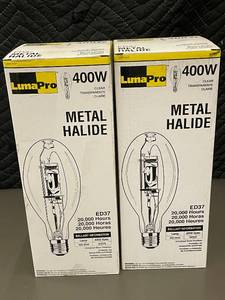 lot 19 image: Mil 5 - LumaPro 400W Metal Halide Lamps ED37, Mogul Base, 2 Boxes