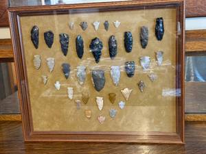 lot 3J image: Framed Collection of 34 Native American Arrowheads and Points