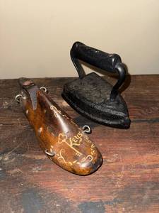 lot 7J image: Antique Cast Iron Clothes Iron and Decorative Wooden Shoe Form