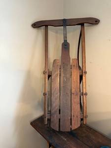 lot 12J image: Vintage Wooden Snow Sled with Metal Runners and Steering Bar