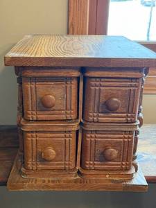lot 16J image: Vintage Wooden Four-Drawer Sewing Box with Decorative Detailing