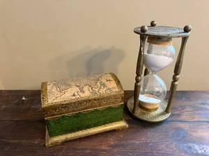 lot 18J image: Decorative Brass Hourglass with Sand and Vintage Style Map Chest