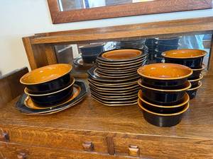 lot 20J image: Ironstone Octagon USA Brown and Black Stoneware Dinnerware Set 8 Place Settings