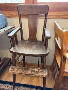 lot 30J image: Antique Wooden High Chair with Armrests and Footrest
