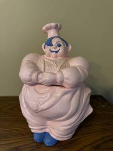 lot 33J image: Vintage Pink Chef Cookie Jar with Blue Accents