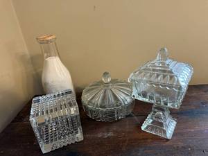 lot 36J image: Collection of 3 Vintage Pressed Glass Candy Dishes and 1 Quart Milk Bottle