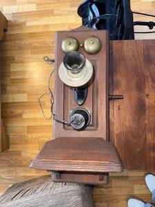 lot 39J image: Antique Wooden Wall Telephone with Brass Bells and Crank