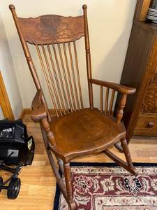 lot 42J image: Antique Wooden Rocking Chair with Decorative Pressed Wood Back