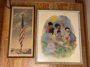 lot 43J image: Pair of Framed Art Prints Old Glory Flag & Jesus with Children