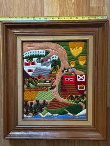 lot 44J image: Framed Handcrafted Needlepoint Art with Barn and Countryside Scene