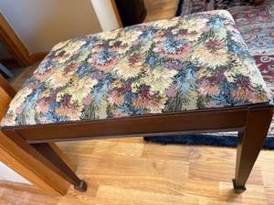 lot 50J image: Vintage Upholstered Piano Bench with Floral Tapestry