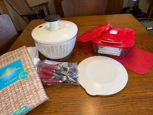 lot 63J image: Kitchen Collection with OXO Salad Spinner, Tablecloth, Cutlery Set, and Storage Containers