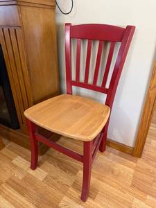 lot 69J image: Red and Natural Wood Slat Back Dining Chair