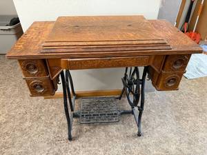 lot 74J image: Vintage Treadle Sewing Machine in Ornate Wood Cabinet with Drawers