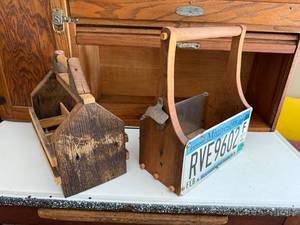 lot 76J image: Set of 2 Rustic Wooden Caddies with Minnesota License Plate and Bottle Openers