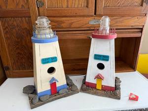 lot 77J image: Pair of Handcrafted Lighthouse Birdhouses Lost Bay and Windy Rock