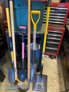 lot 88J image: Group of 5 Garden Tools Including Shovels, Rake, and Hoe