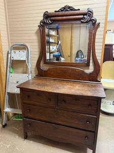 lot 89J image: Antique Wooden Dresser with Ornate Mirror and Four Drawers