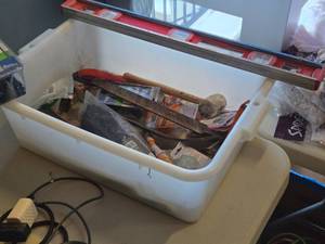 lot 265 image: Lot of (1 Bin) Hand Tools - Bar Level, Mallet, Metal File, Wiss Scissors, Adjustable Wrench, Misc. Hardware