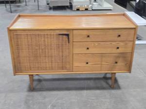 lot 78 image: Natural Rattan and Light Wood Mid Century Modern Sideboard Storage Cabinet 4 x 18 x 29 by Haywood-Wakefield
