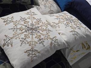 lot 123 image: Lot of (2) 15 Silver & Gold Beaded Snowflake pattern Cotton Throw Pillows