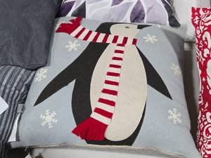 lot 181 image: Lot of (1) 16 Christmas Penguin theme Decorative Throw Pillow