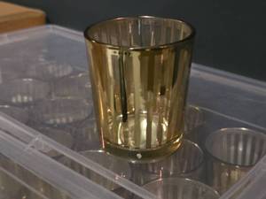 lot 353 image: Lot of (3 Boxes) Glass Votive  Tea Light Candleholder 15-count ( 45 total items ) (gold striped) with (24) Tea Light Candles