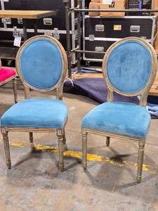lot 40 image: Lot of (2) Wood Frame Oval Back Accent Chairs by Linon Manchester (bright bluedistressed wood)