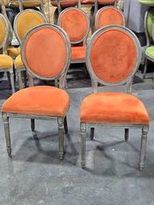 lot 43 image: Lot of (2) Wood Frame Oval Back Accent Chairs by Linon Manchester (rustic orangedistressed wood)