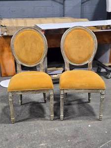 lot 47 image: Lot of (2) Wood Frame Oval Back Accent Chairs by Linon Manchester (mustarddistressed wood)