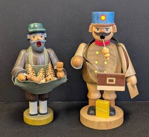 lot 9 image: Set of 2 Erzgebirge Wooden German Smokers, Handmade Folk Art  Postman German Smoker