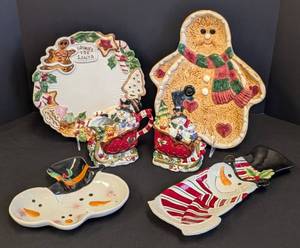 lot 31 image: Fitz and Floyd Christmas Servingware Collection with Plates and Snowman Sleigh Set