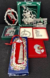lot 17H image: Set of 8 Pewter Christmas Ornaments Including Disney Mickey, Lighthouse, and More