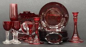 lot 21H image: Collection of Vintage Ruby Red Glassware with 9 Plates, Platter, Dishes, and Candle Holders