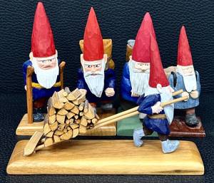 lot 25H image: Set of 5 Hand-Carved JDC Signed Wooden Gnome Figurines