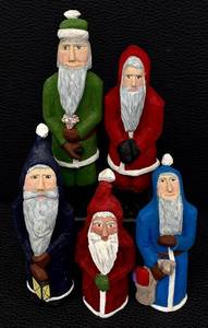 lot 26H image: Set of 5 Hand-Carved JDC Santa Figurines in Red, Green, and Blue