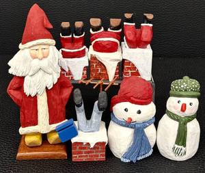 lot 30H image: Set of 7 JDC Hand-Carved Santa and Snowman Figurines