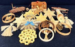lot 67H image: Collection of Vintage Wooden Ornaments with Angels, Stars, and Boat Designs