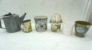 lot 10 image: Antique Galvanized Watering Can, Flour Sifter, and Modern Ceramics