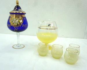 lot 11 image: Vintage West Virginia Glass Co. Blendo Cocktail Pitcher Set Vintage BohemianCzech Cobalt Blue Enamel and Gold Gilt Lidded Chalice