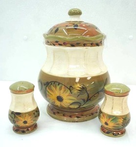 lot 15 image: Margaret Le Van Sunflower Canister and Salt & Pepper Shaker Set