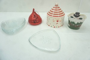 lot 19 image: Vintage Indiana Glass Snowflake Snack Pates, Ceramic Canister, Ceramic Hershey Kiss