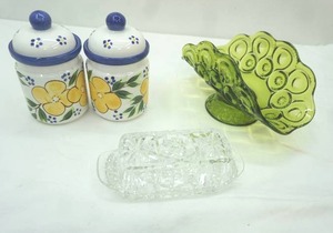 lot 26 image: Crystal Butter Dish, Small Ceramic Canisters (2ct), Vintage L.E. Smith Moon and Stars Avocado Green Glass Footed Banana Boat